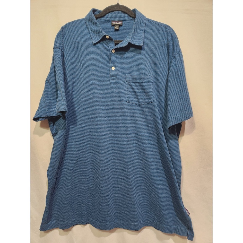 Patagonia 100% Organic Cotton Blue Striped Polo Shirt Size 2XL Pocket